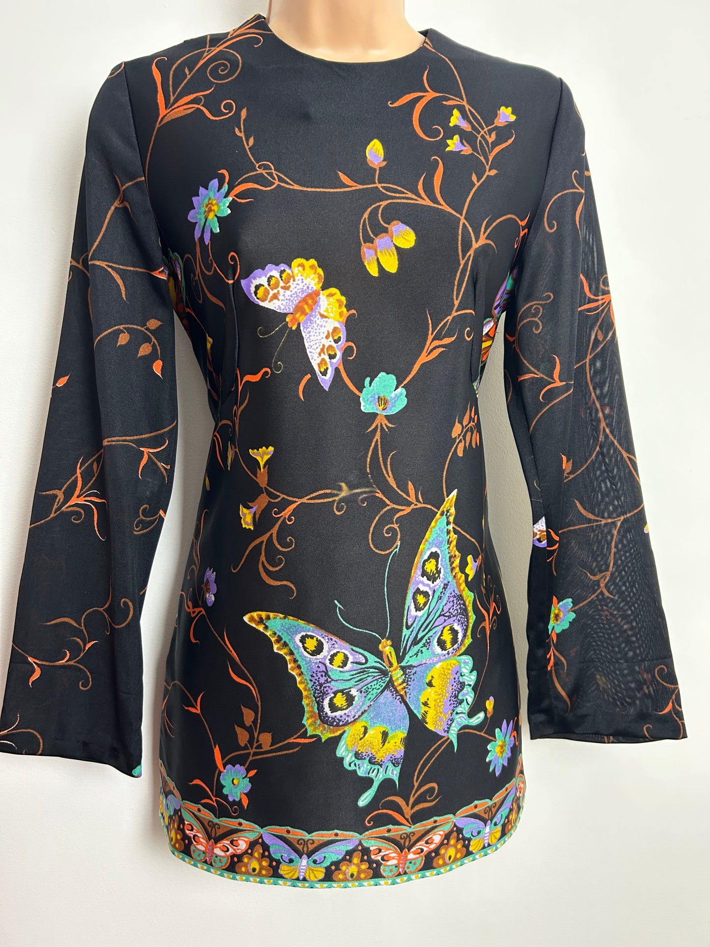 Vintage Late 1960s MODELLY Size 8-10 Black & Multicolour Butterfly Long Sleeve Tunic Style Top