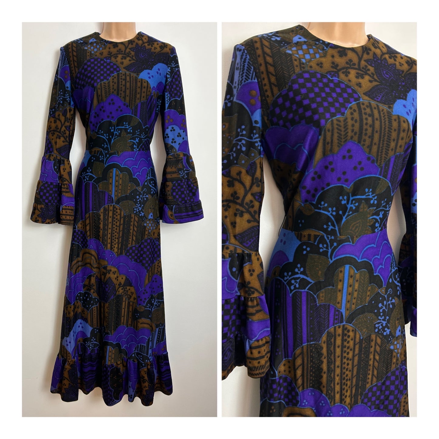 Vintage 1970s SHUBETTE UK 8-10 Purple Blue Brown & Black Abstract Print Long Sleeve Flared Cuff Boho Maxi Dress