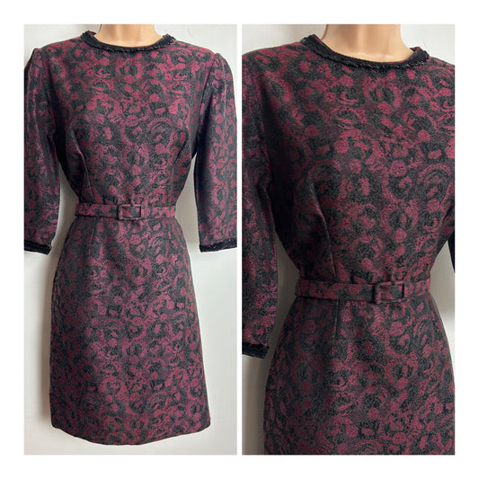 Vintage 1960s Size 10 Dark Pink & Grey Floral Print Belted Mod Party Dress