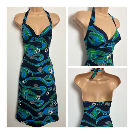 Vintage Early 1970s FELINA BOUTIQUE Size 8-10 Blue & Green Tones Psychedelic Halter Neck Summer Dress