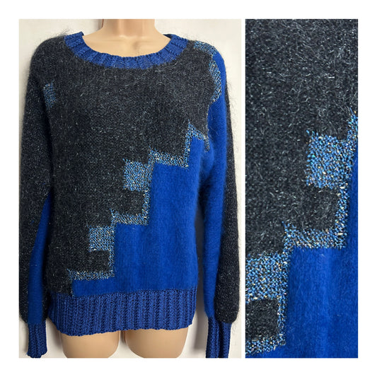 Vintage 1980s UK Size 12-14 Electric Blue & Darkest Grey Angora Mix Long Sleeve Jumper