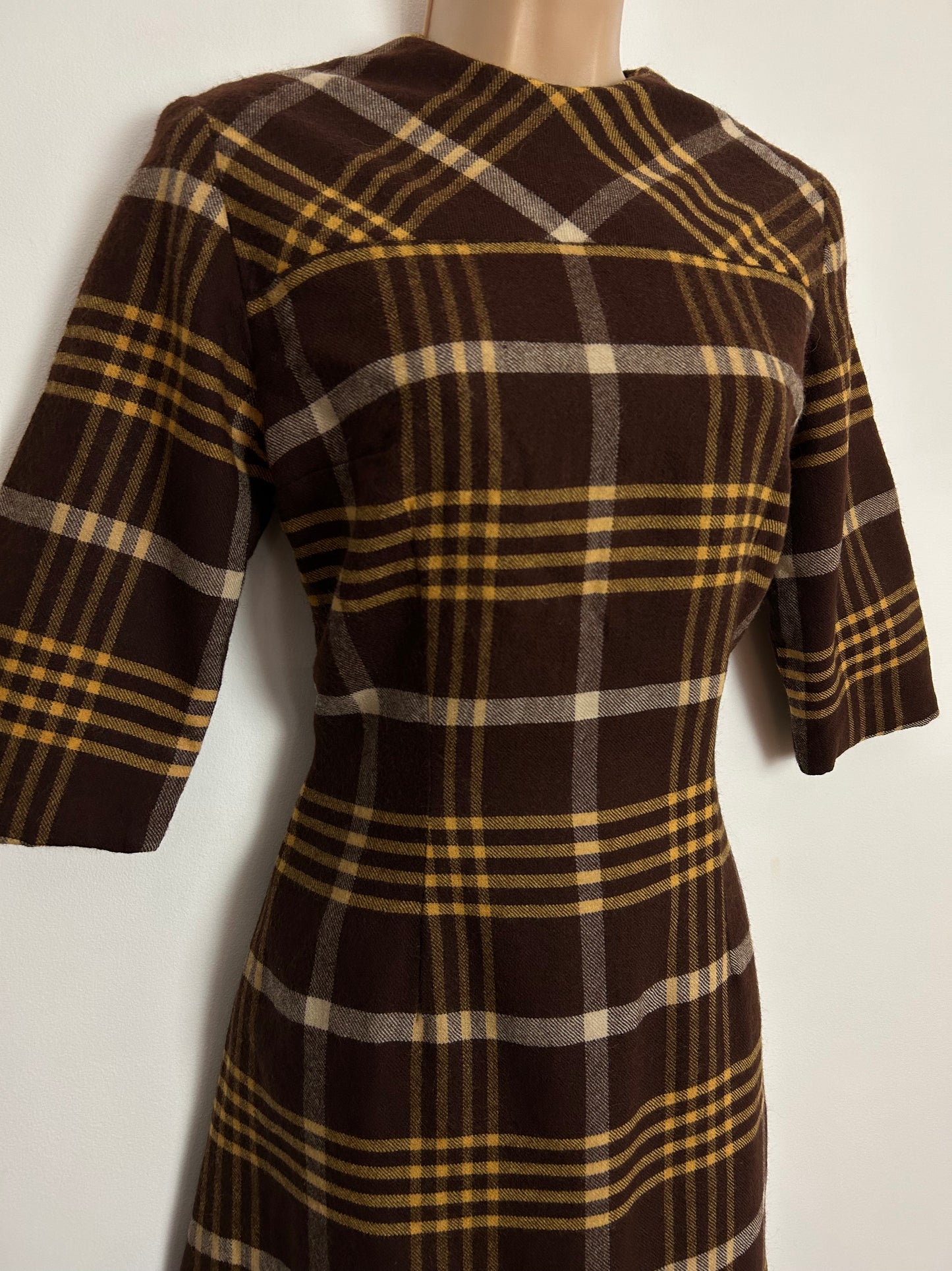 Vintage 1960s UK Size 8 Brown & Mustard Yellow Check Print Wool Mod Day Dress