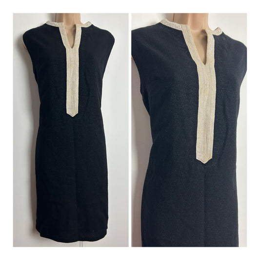 Vintage 1960s UK Size 12-14 Black Notch Neck Sleeveless Glittery Mod Shift Dress