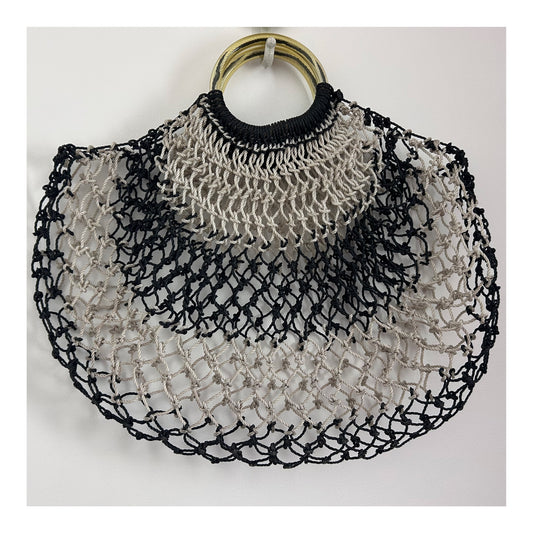 Vintage Late 1950s Black & White Plastic String Woven Macrame Style Plastic Handled Shopping Bag