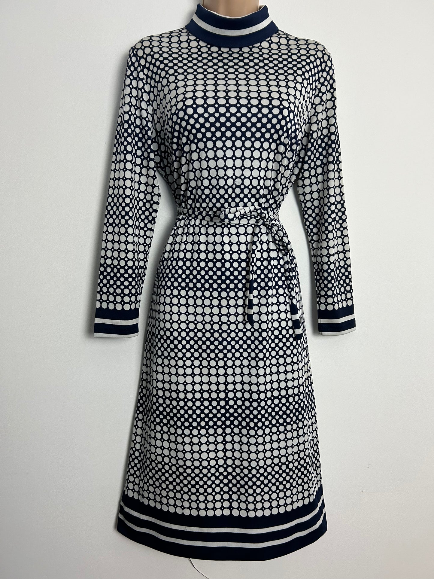 vintage Late 1960s JAEGER UK Size 12 Navy Blue & White Spot Print Long Sleeve Belted Dress