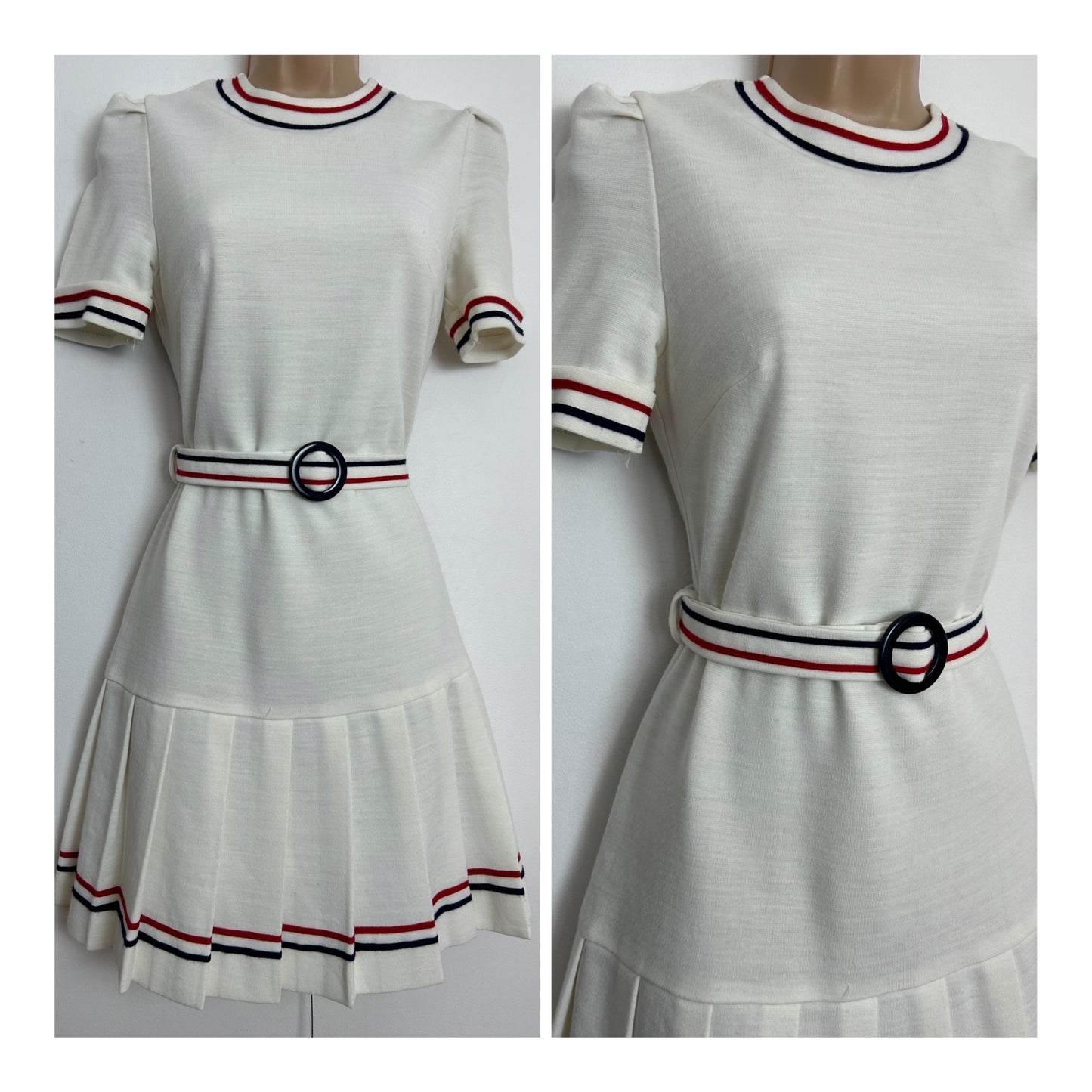 Vintage 1960s UK Size 8 White With Red & Blue Braid Trim Short Sleeve Belted Pleated Mod Mini Dress
