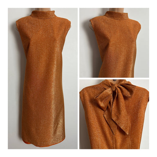 Vintage Early 1960s BLANES Size 14 Orange Lurex Back Neck Tie Sleeveless Shift Party Dress