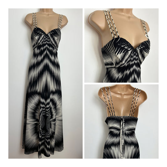 Vintage Late 1970s Size 10 Black & White Op Art Print Triple Strap Empire Line Occasion Maxi Dress