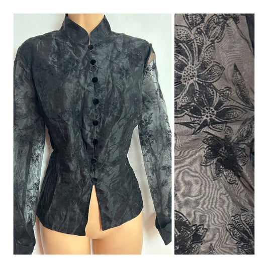 Vintage 1980s ALEX EVENINGS UK Size 12 Organza Chiffon Velvet Flock Long Sleeve Blouse
