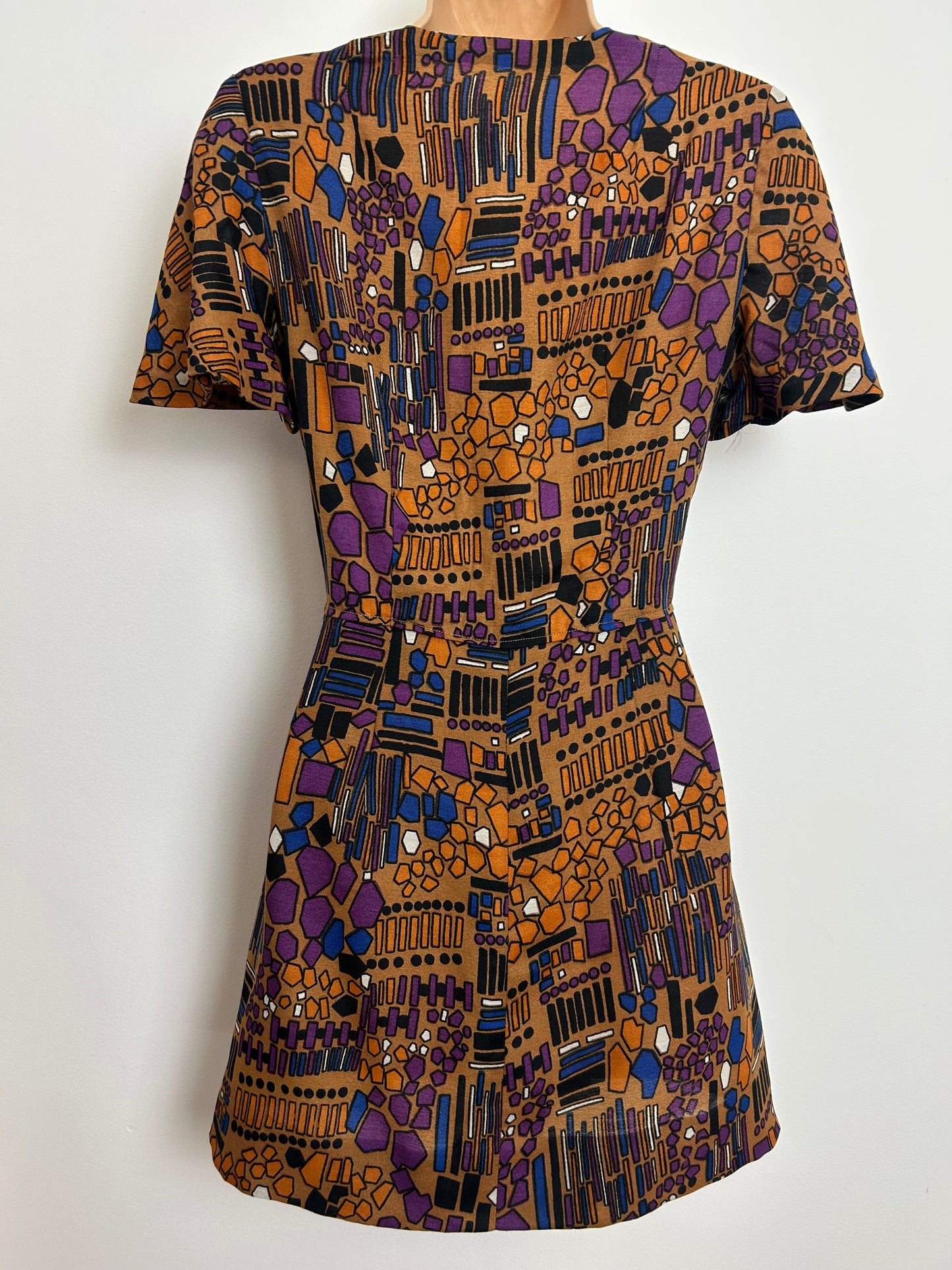 Vintage Late 1960s Size 6 Brown Purple & Blue Abstract Geo Print Mini Dress