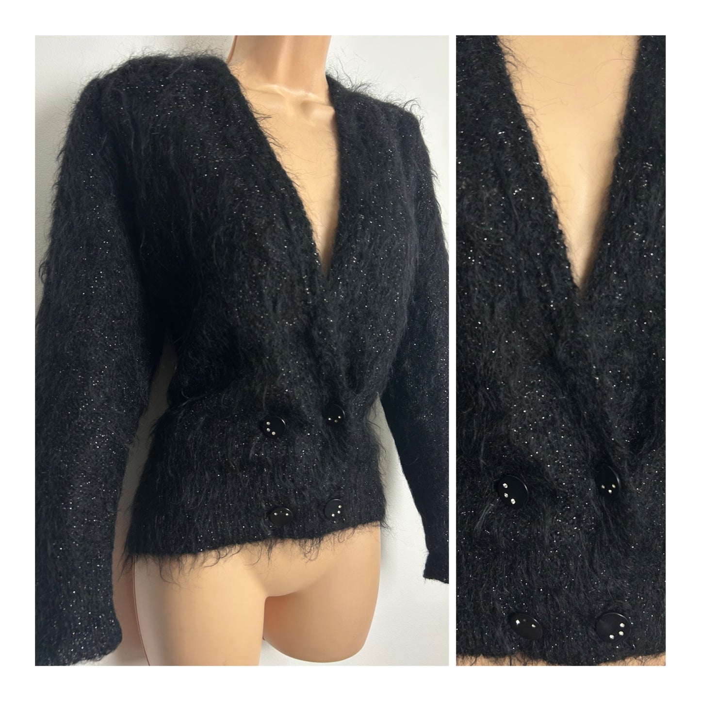 Vintage 1980s Size 12-14 Black Glittery Mohair Mix Cardigan