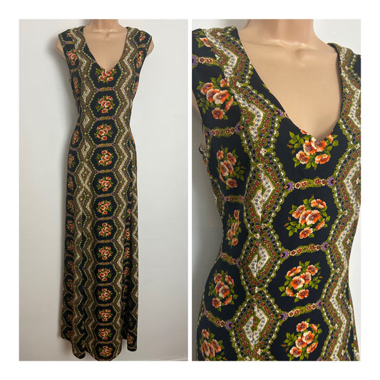 Vintage 1970s Size 10-12 Pretty Black Orange & Green Floral Print Cotton Maxi Dress