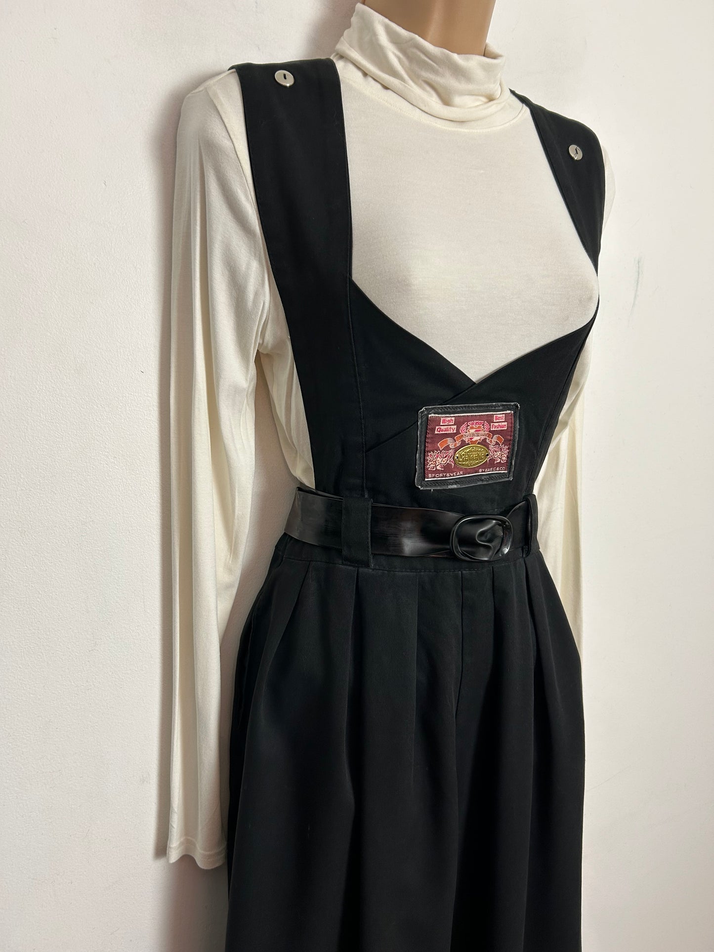 Vintage 1980s UK Size 10 Black Low Front Wide Straps Belted Cropped Wide Leg Jumpsuit