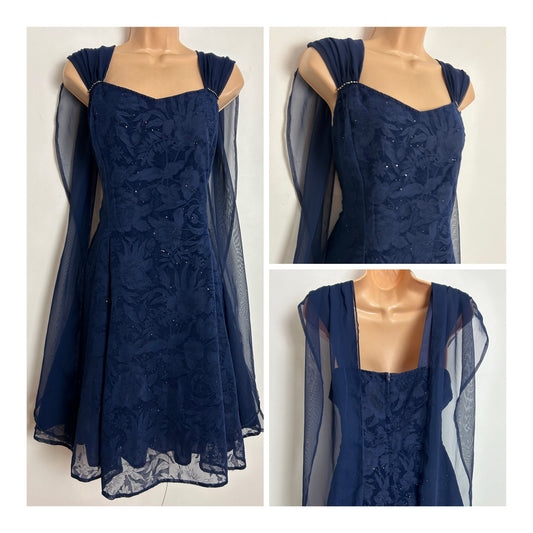 Vintage 1980s C&A Size 14 Navy Blue Flocked Floral Pattern Shoulder Train Party Prom Dress