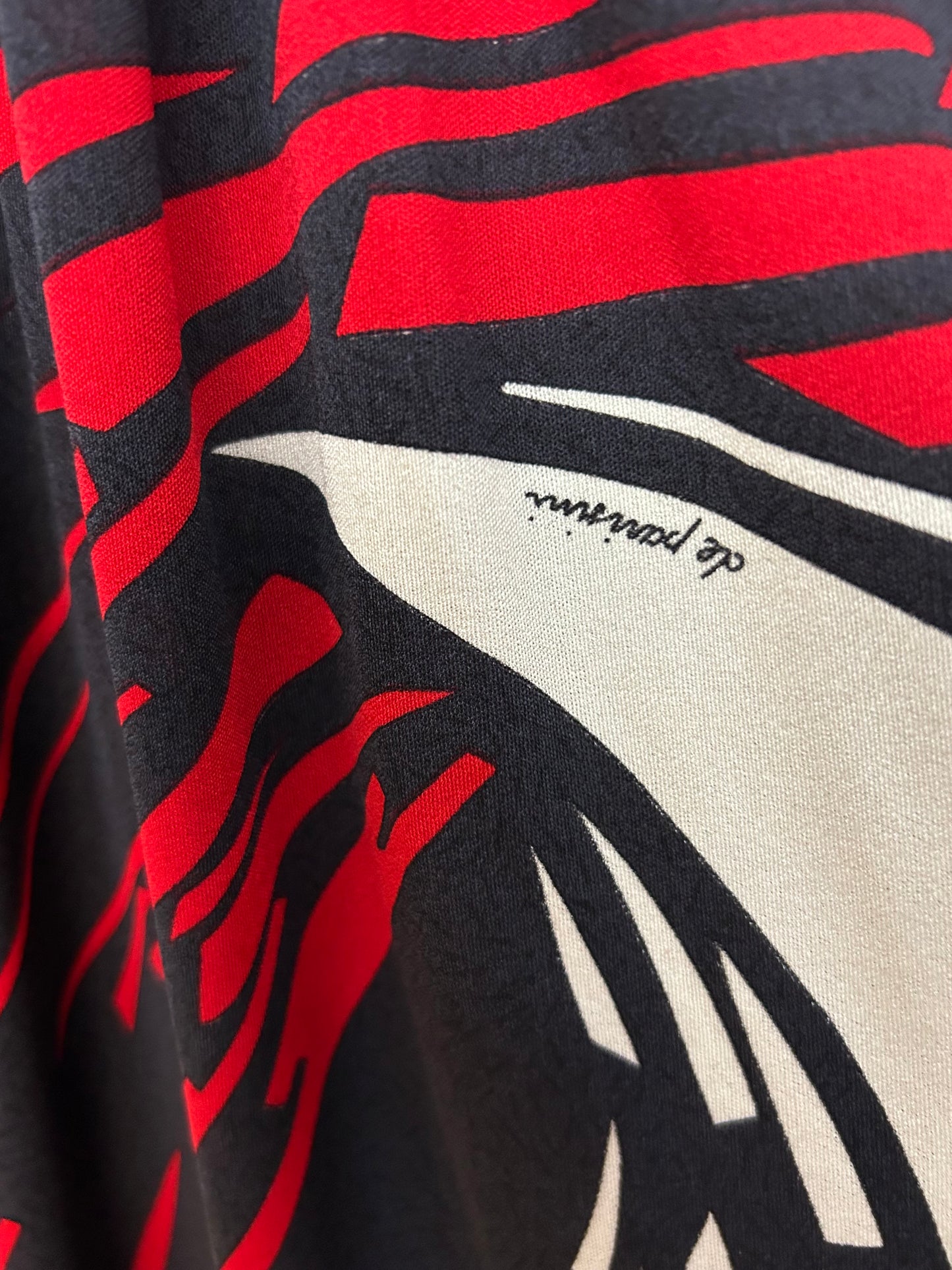 Vintage Late 1970s Rare DE PARISINI Size 12-14 Black White & Red Abstract Stripe Print Signed Silk Jersey Maxi Dress