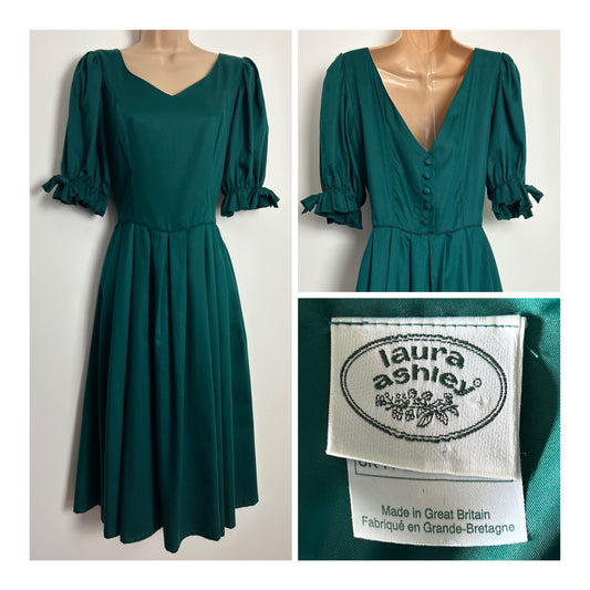 Vintage 1980s LAURA ASHLEY UK Size 10 (Size 14 On Label) Forest Green Cotton Puffed Sleeve Pleated Princess Dress