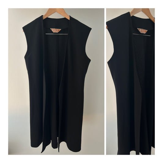 Vintage 1970s KORET OF CALIFORNIA UK Size 12-14 Black Sleeveless Open Fronted Long Waistcoat