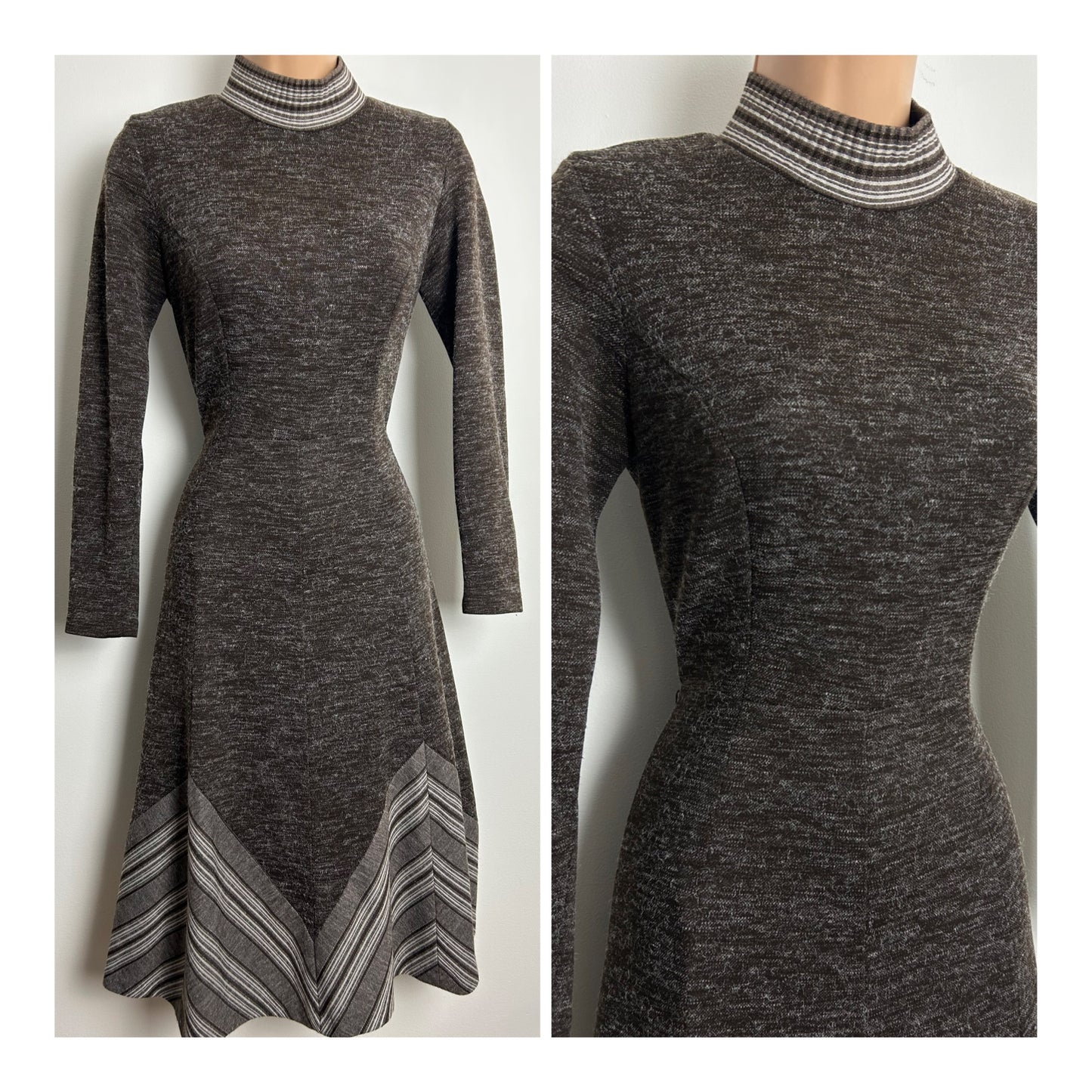 Vintage 1970s Size 6-8 Brown Snowy Fabric Stripe Contrast Long Sleeve Jersey Fit & Flare Day Dress