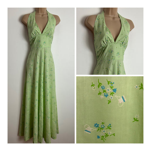 Vintage 1970s Size 6 Cute Pale Green Watering Can & Floral Flock Pattern Halter Neck Cotton Summer Maxi Dress