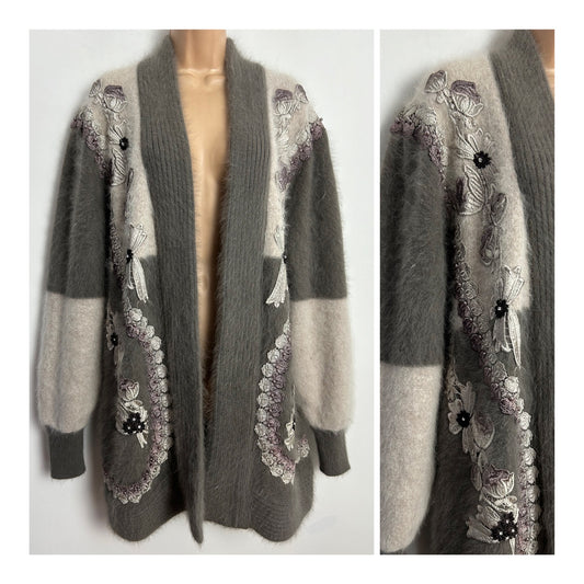 Vintage 1980s One Size Slouchy 80% Angora Grey Tones Applique Embellished Long Line Open Fronted Cardigan/Coatigan