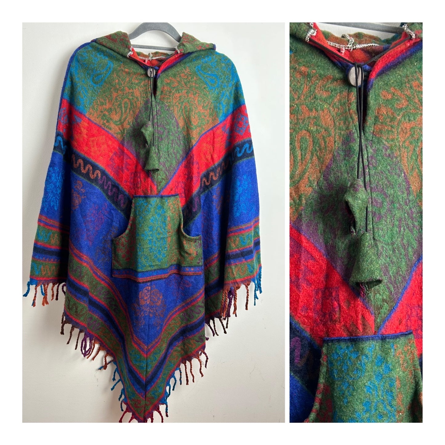 Vintage Mexican Blue Red Green Floral Paisley Pattern Soft Wool Mix Hooded Poncho Cape With Tassels