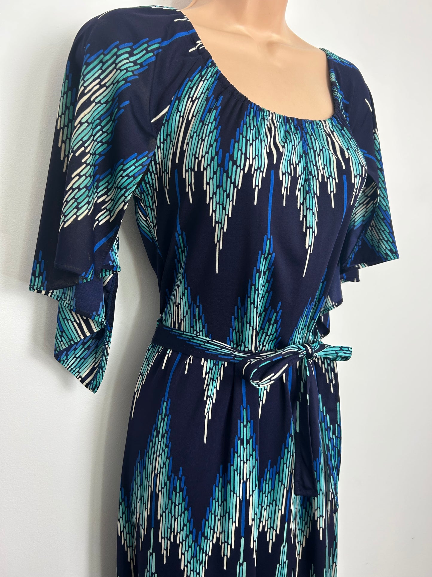 Vintage 1970s BILYTIS PARIS Size 8 Navy Turquoise & White Dash Stripe Print Mid Sleeve Maxi Dress
