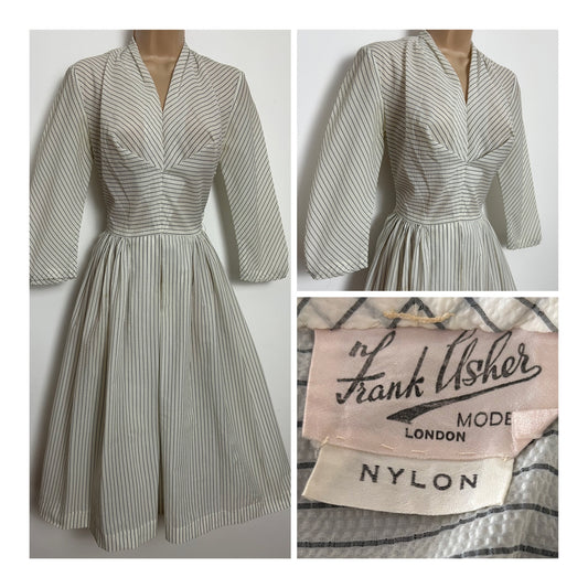 Vintage 1950s FRANK USHER Size 6-8 Off White & Grey Pinstripe Fit & Flare Nylon Dress