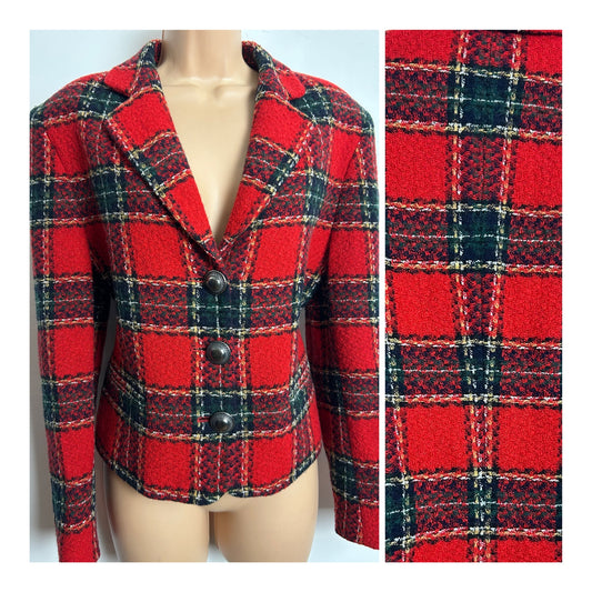 Vintage 1990s OUISET Size 12-14 Red Tartan Wool Blend Shorter Length Blazer/Jacket