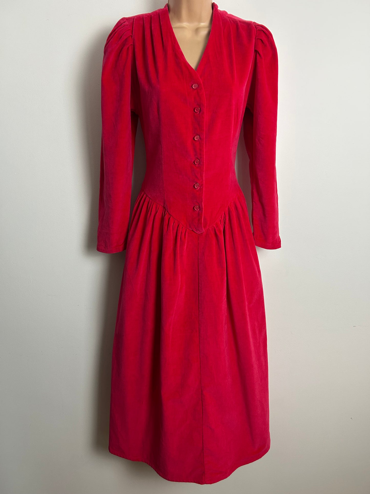 Vintage 1980s ADINI Size 8 Hot Pink Cotton Velvet Gather Pleated Midi Dress