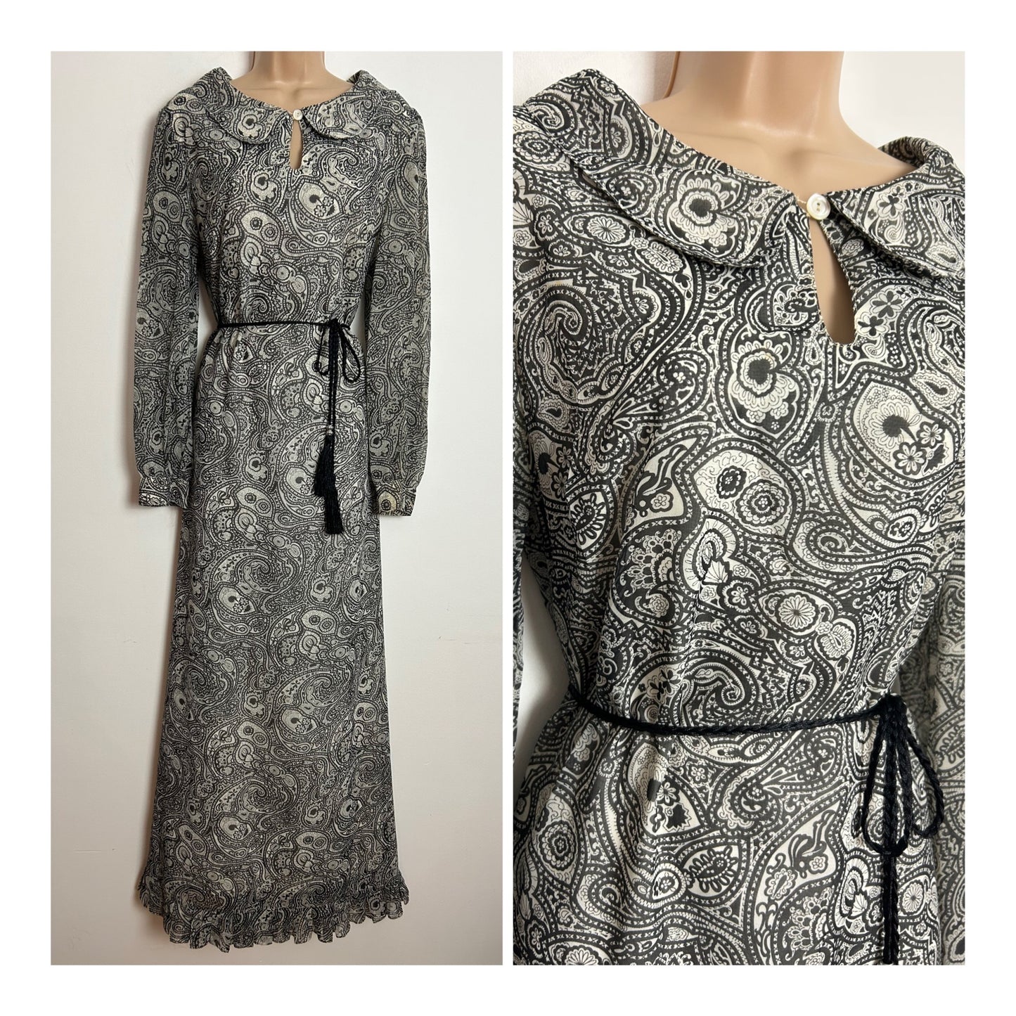 Vintage 1960s Designer BOB SCHULTZ LONDON UK Size 14 Black & White Paisley Print Kaftan Style Maxi Dress