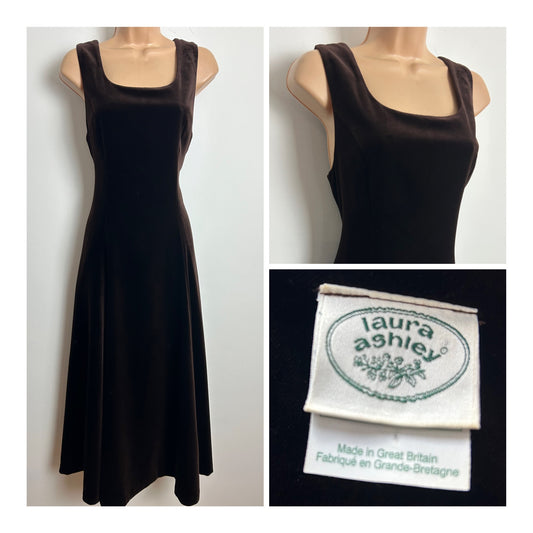 Vintage 1980s LAURA ASHLEY Size 10 (12 On Label) Chocolate Brown Velvet Midi Dress