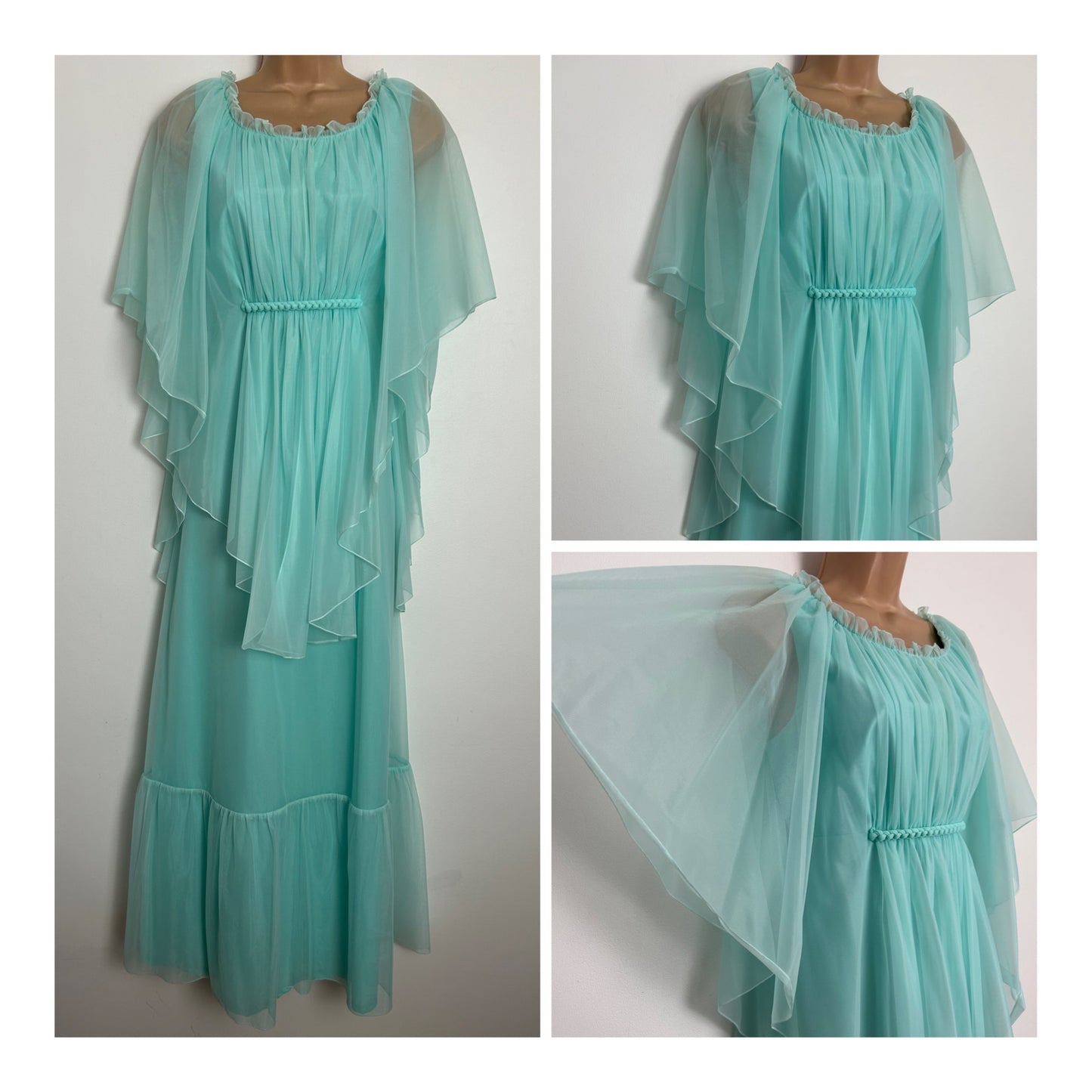 Vintage 1970s UK Size 8 Pale Icy Mint Green Nylon Cape Sleeve Plaited Boho Occasion Maxi Dress