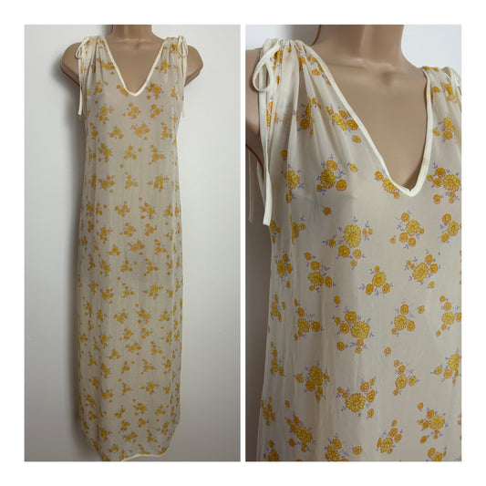 Vintage Late 1970s Size 10 Off White & Orange Floral Print Sleeveless Tie Shoulder Nylon Nightie