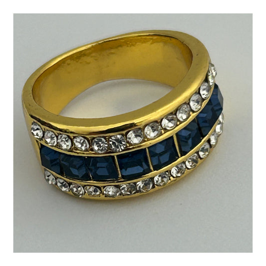 Vintage Gold Tone Base Metal Band Ring With Blue Stones & Diamantes Size P