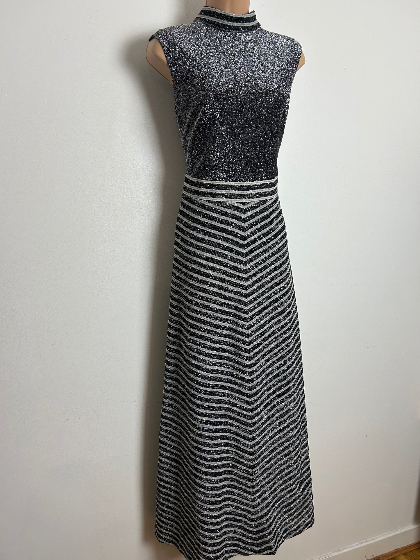 Vintage 1970s Size 12 Black & Silver Lurex Stripe Print Sleeveless Evening Maxi Dress