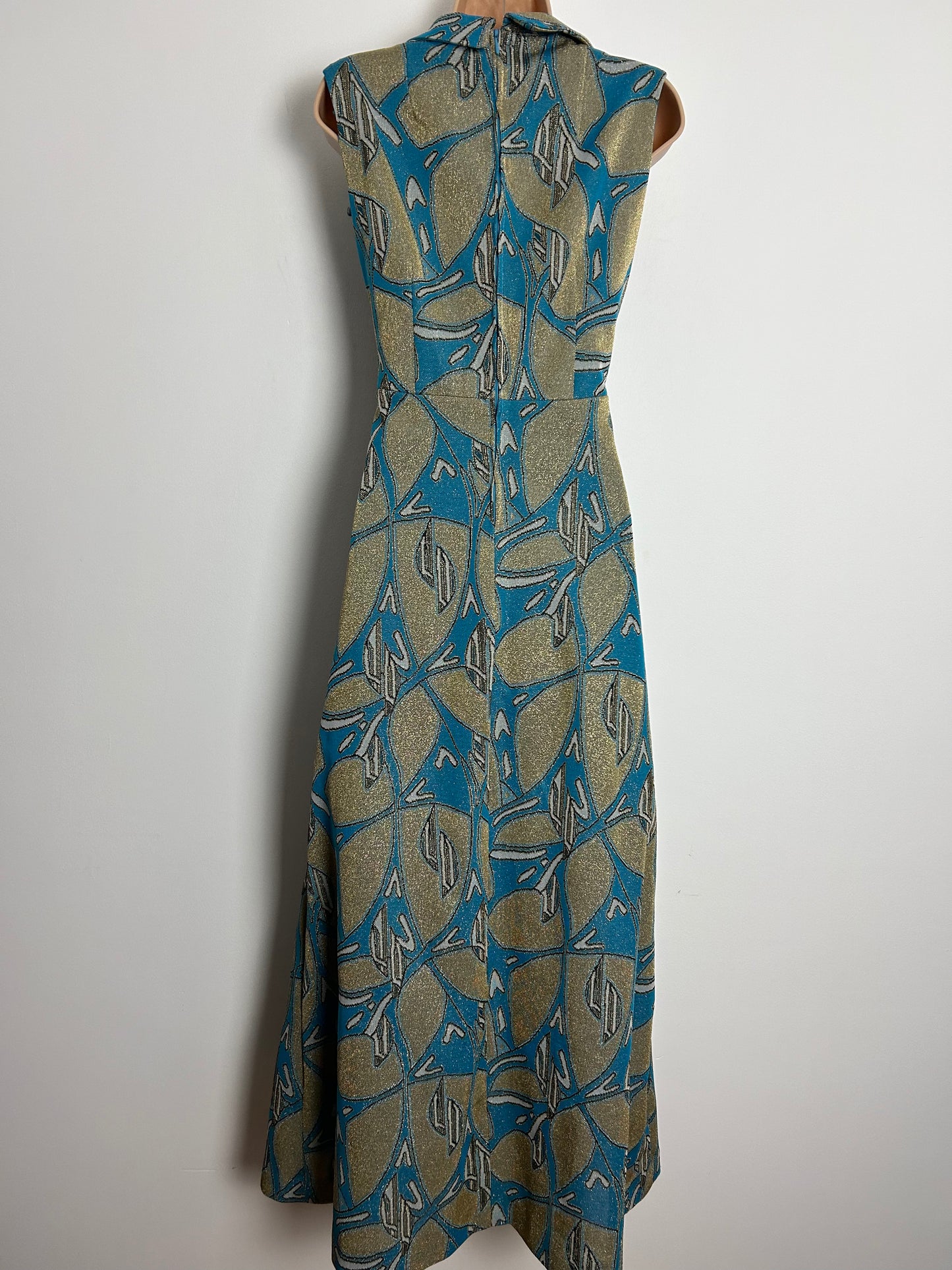 Vintage 1970s CANDA UK Size 12 Turquoise & Gold Abstract Print Lurex Occasion Evening Maxi Dress