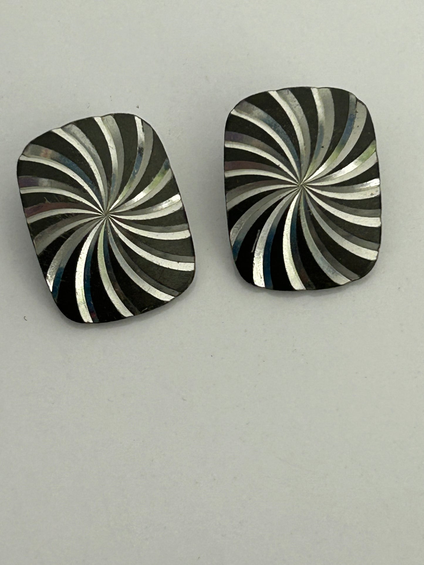 Vintage 1960s Stainless Steel Silver Colour Carved Clip On Earrings