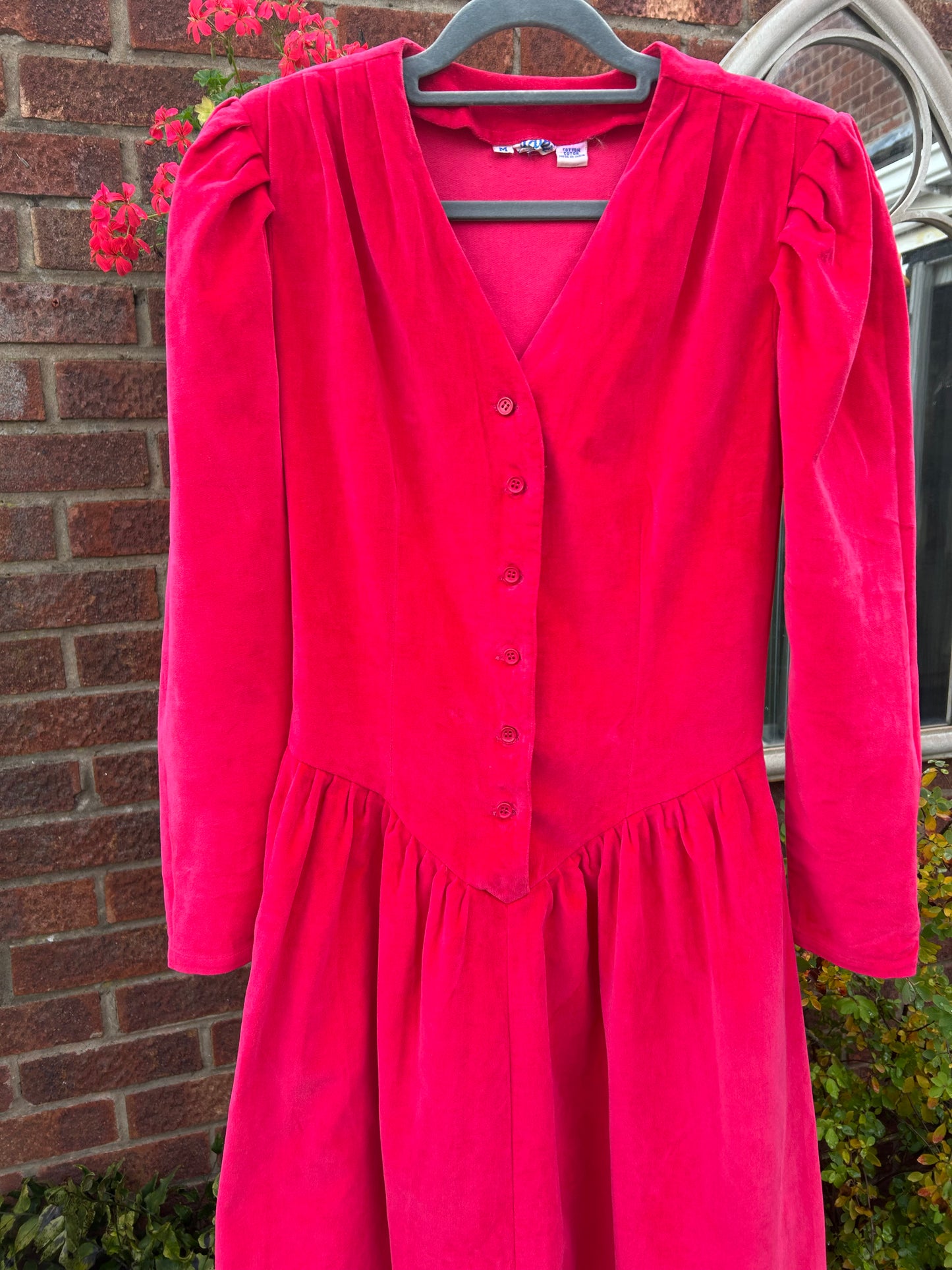 Vintage 1980s ADINI Size 8 Hot Pink Cotton Velvet Gather Pleated Midi Dress
