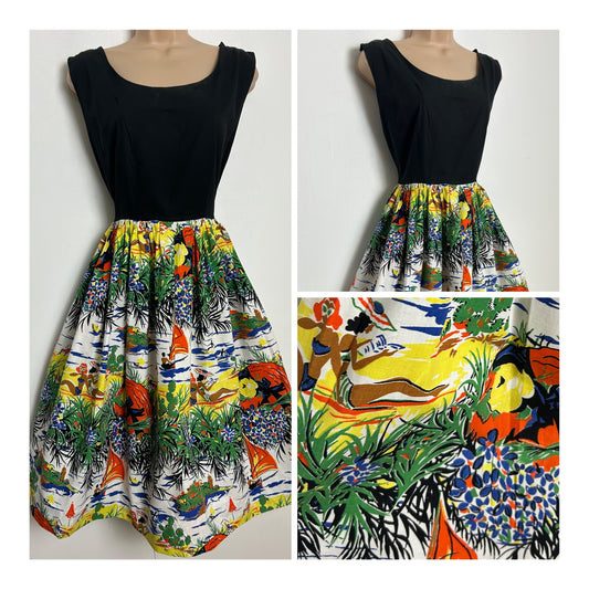 Vintage 1950s Size 12 Black White Blue Green Yellow & Orange Beach Island Scene Novelty Print Cotton RockabillyDress