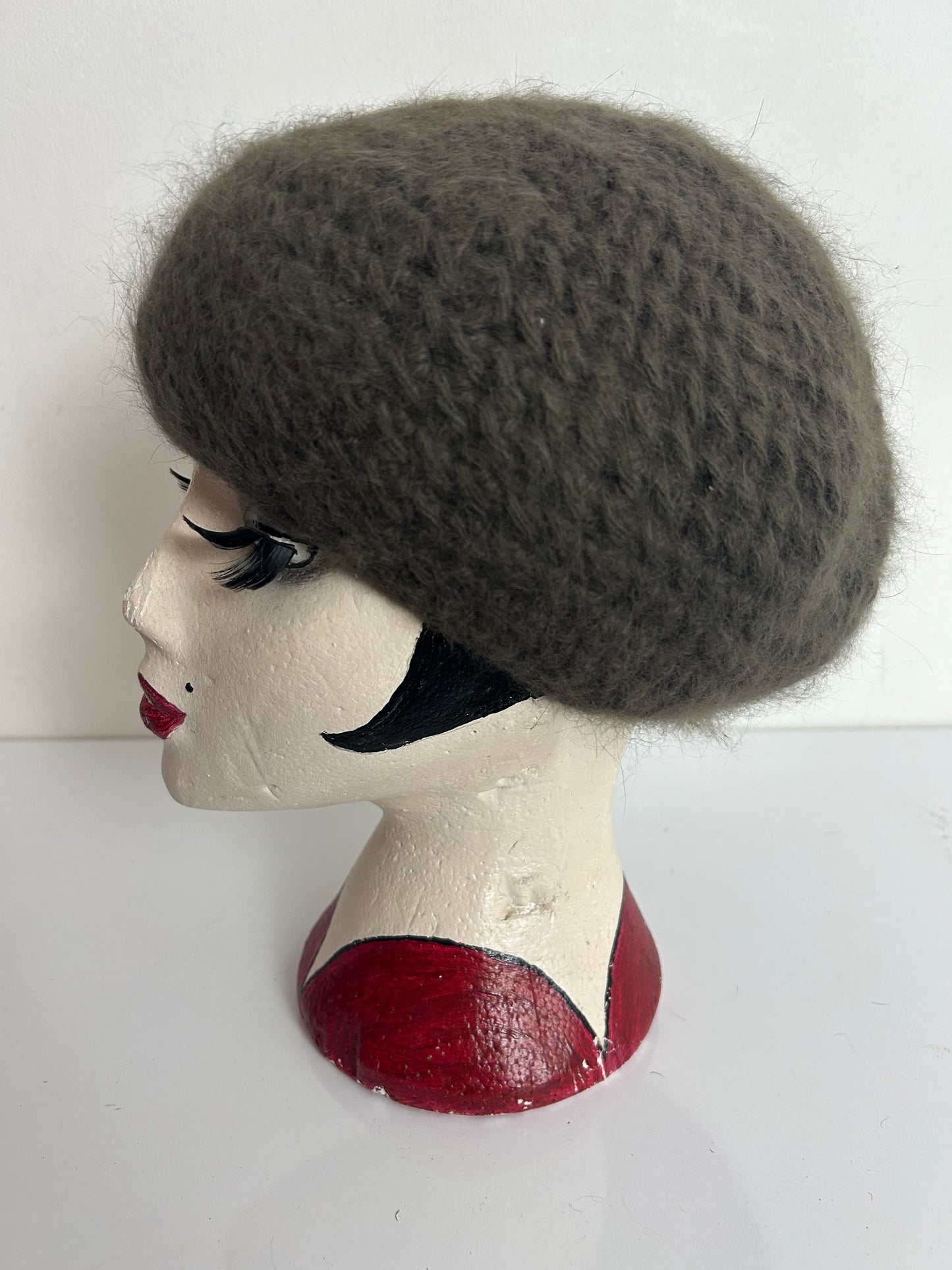 Vintage Khaki Army Green Chunky Knit Angora Mix Beanie Beret Style Hat