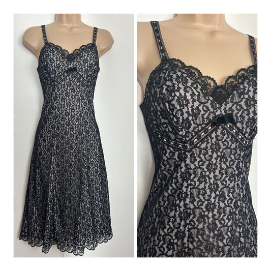 Vintage 1970s POMPADOUR Size 8-10 Black Lace Sexy Strappy Negligee Slip