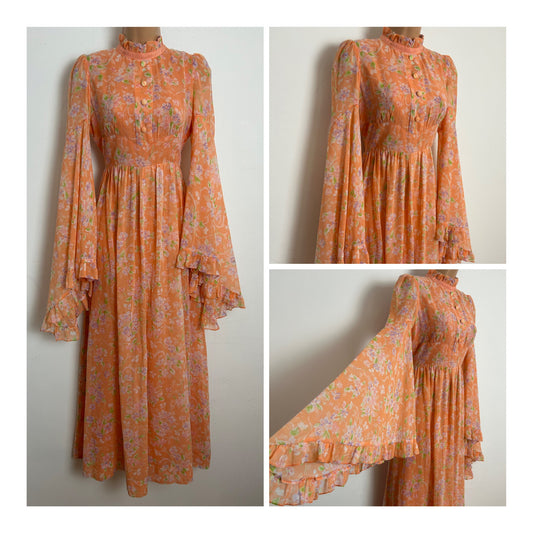 Vintage 1970s Size 8 Coral Orange Floral Print Cotton Mix Flared Fluted Sleeve Tie Back Boho Summer Maxi Dress