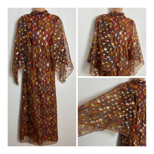 Vintage 1960s ALEXANDER CLARE Size 12 Gorgeous Brown Orange & Metallic Gold Wide Sleeve Occasion Maxi Dress