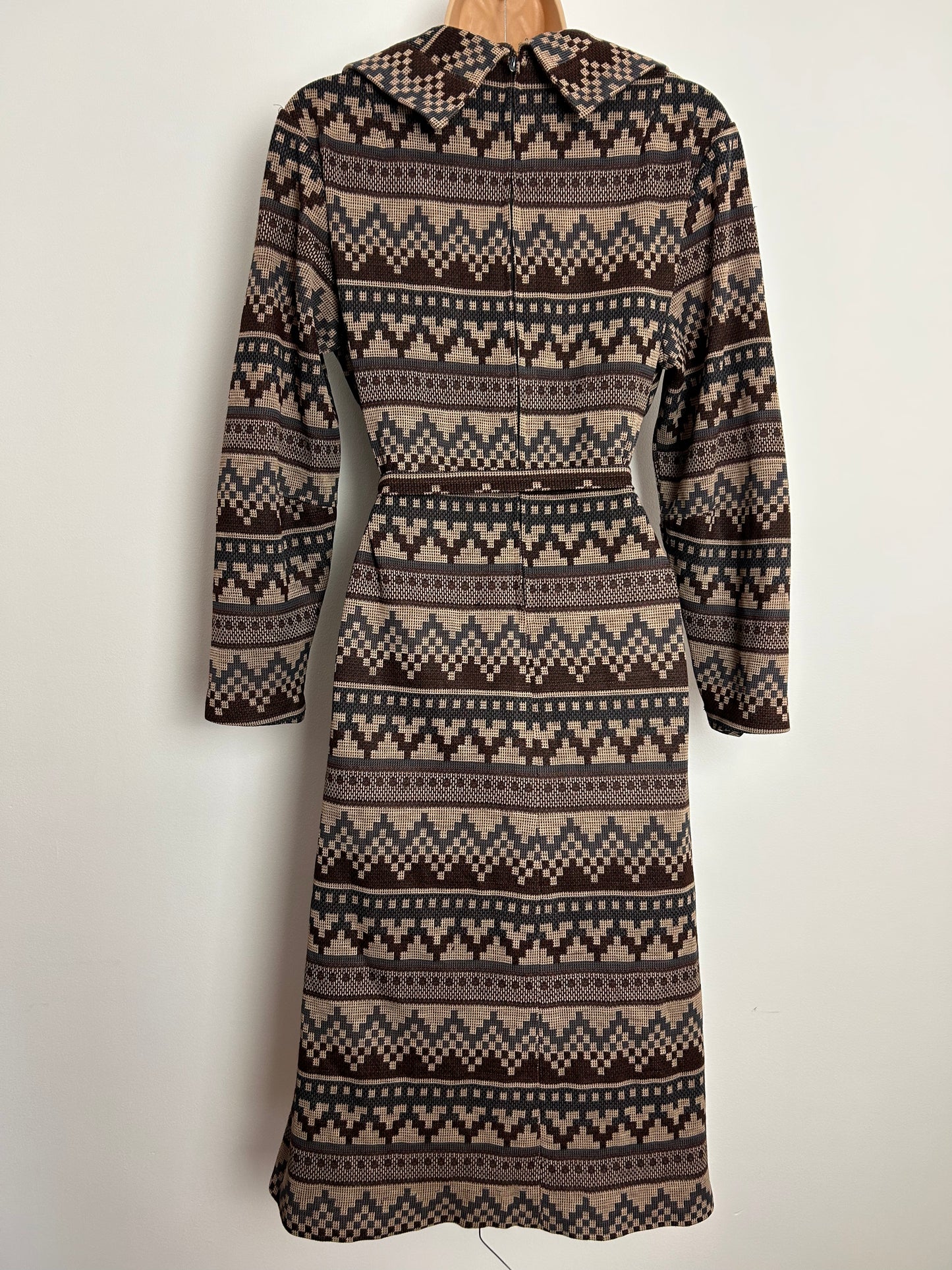 Vintage 1970s UK Size 16 Mod Brown Blue & Maroon Abstract Geo Pattern Long Sleeve Belted Dress