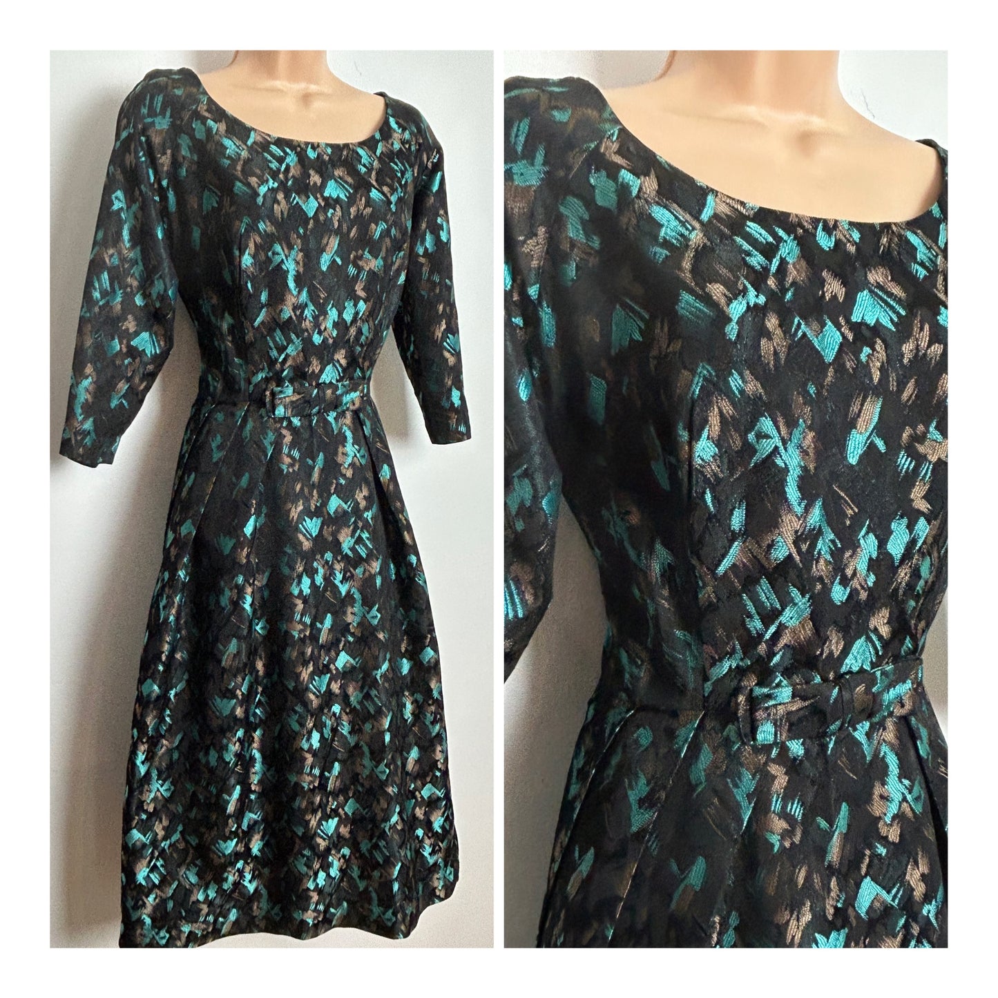 Vintage Late 1950s KITTY COPELAND Size 12-14 Black Blue & Bronze Jacquard Bow Detail Party Occasion Dress