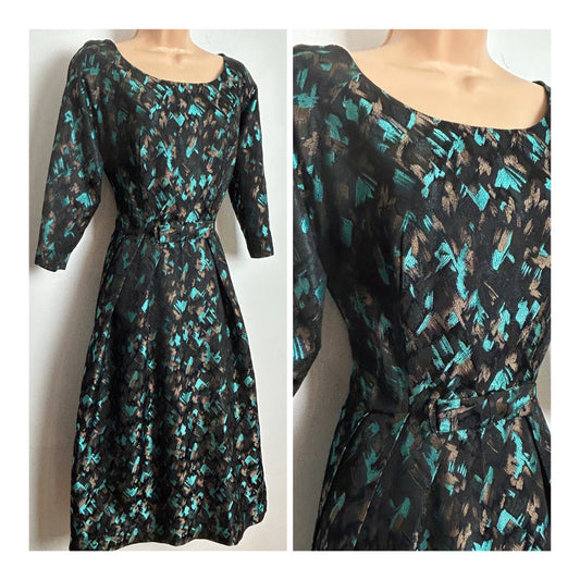 Vintage Late 1950s KITTY COPELAND Size 12-14 Black Blue & Bronze Jacquard Bow Detail Party Occasion Dress