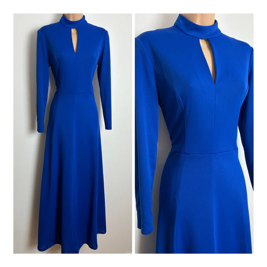 Vintage 1970s RICHARD SHOPS Size 10 Royal Blue High Neck Keyhole Cut Out Long Sleeve Maxi Dress