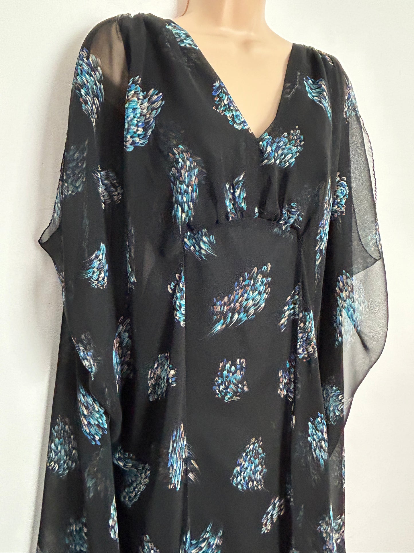 Vintage 1970s UK Size 10-12 Black Blue & Brown Abstract Feather print Cold Shoulder Cape Sleeve Boho Maxi Dress