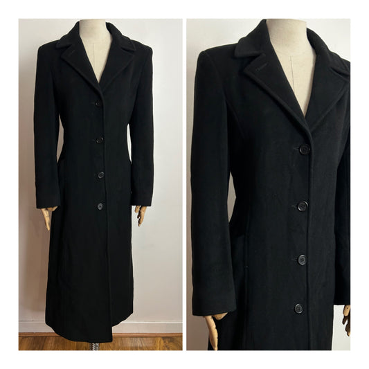 Vintage 1980s/1990s JONES NEW YORK UK Size 10-12 Black Wool & Angora Mix Long Fully Lined Coat