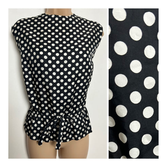 Vintage Late 1960s Size 12-14 Black & White Polka Dot Print Sleeveless Tie Detail Top